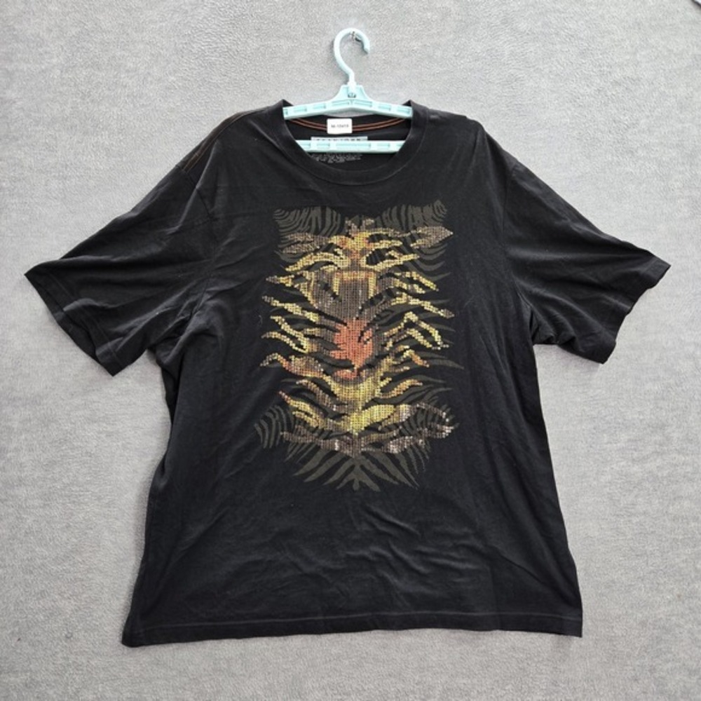 Sean John Men Shirt 3XL Black Graphic Print Tiger Face Sequin Short Sleeve